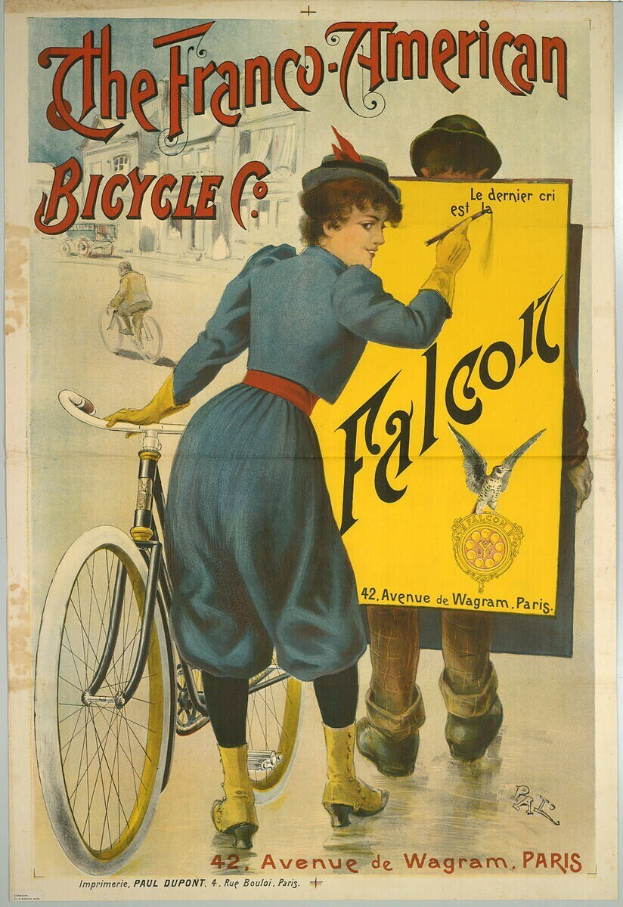 Plakat für die Franco-Amerikanische Fahrrad GmbH, das eine Frau neben einem Fahrrad zeigt, mit Textwerbung für das Unternehmen.
