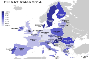 Eine Karte von Europa, die die EU-USt-Sätze von 2014 mit entsprechenden Prozentangaben und Text anzeigt.