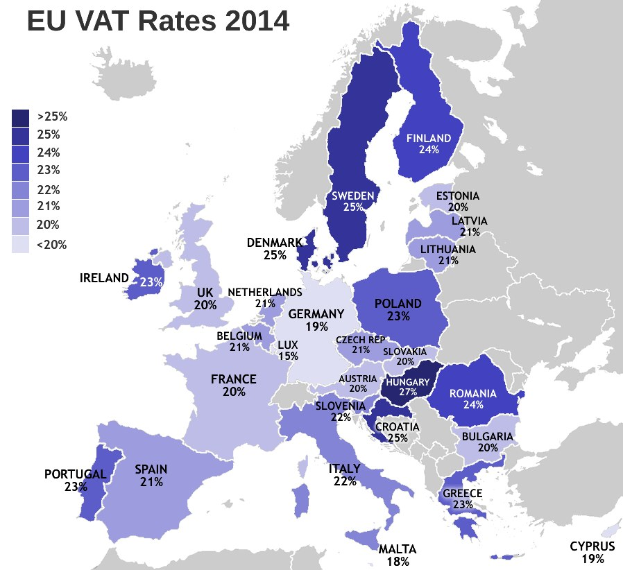 Eine Karte von Europa, die die EU-USt-Sätze von 2014 mit entsprechenden Prozentangaben und Text anzeigt.