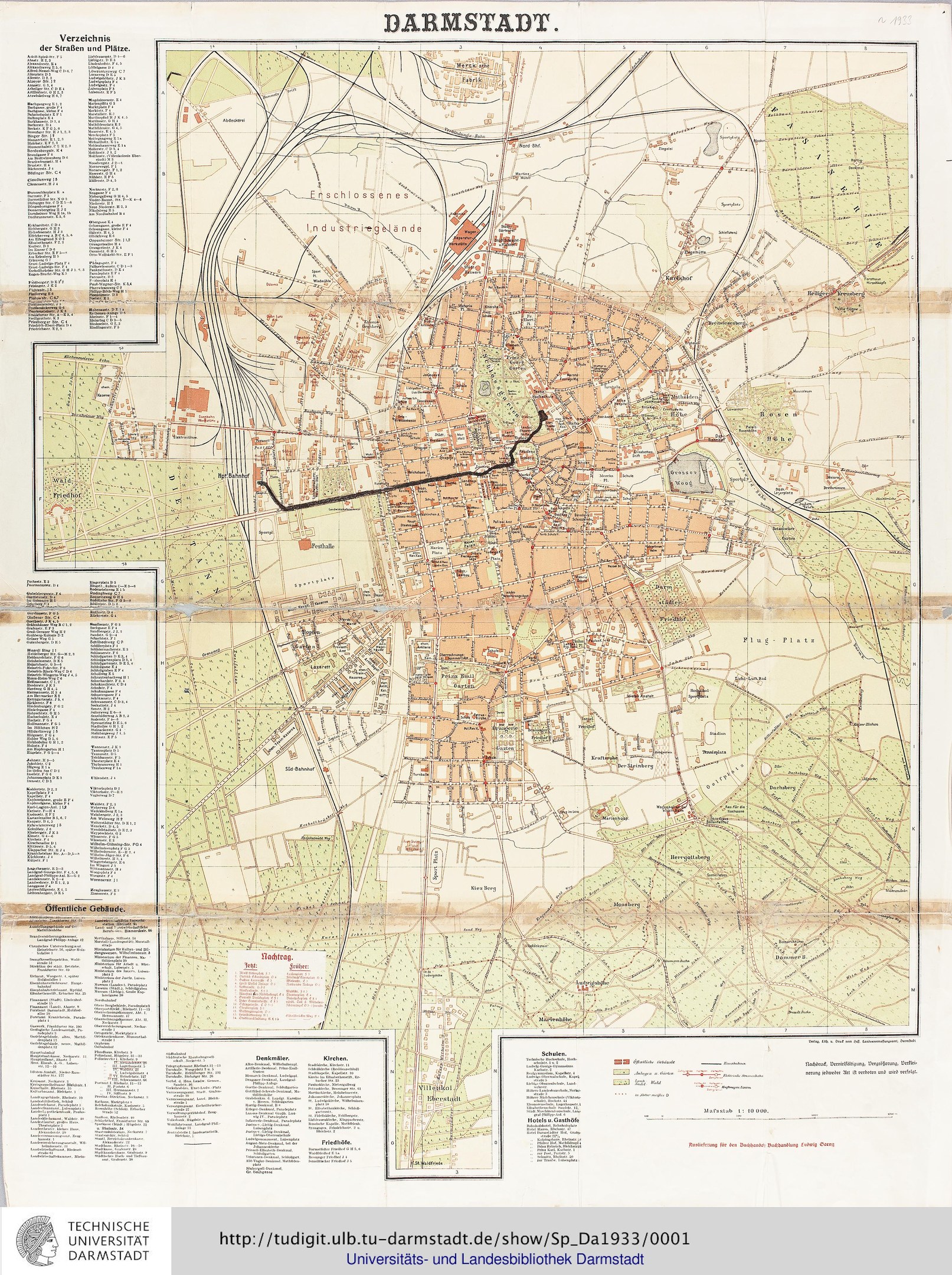 Detaillierte alte Karte von Darmstadt, Deutschland, mit Straßen, Gebäuden und Sehenswürdigkeiten mit beschreibendem Text.