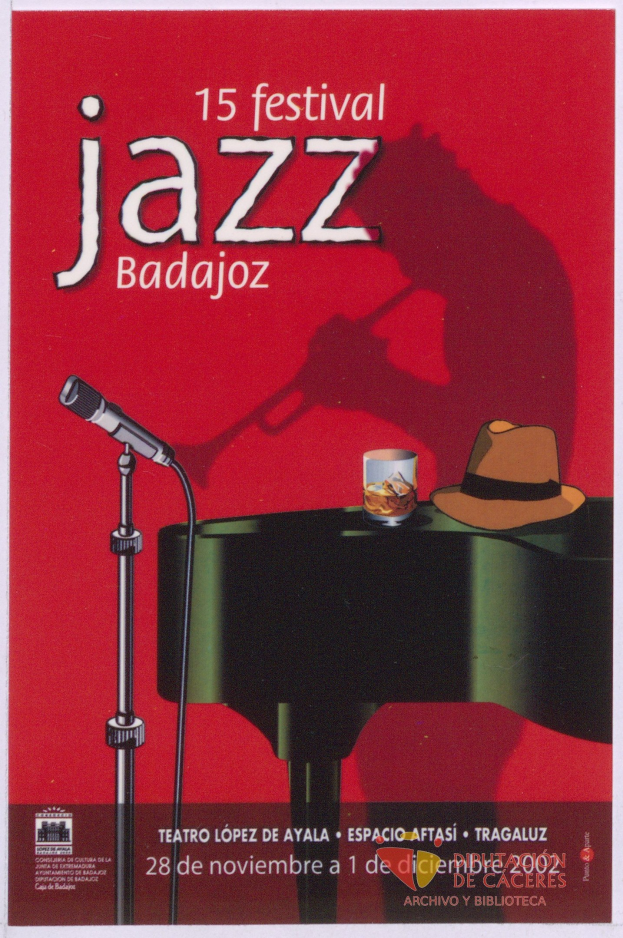 Plakat für das 15. Festival Jazz Badajoz mit einem Mikrofon, Hut und Glas auf einem Tisch mit Text, der Festivaldetails enthält.