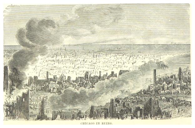 Schwarze und weiße Illustration einer Stadt in Trümmern, mit Rauch, der aus der Chicagoer Skyline aufsteigt und Text am unteren Rand.