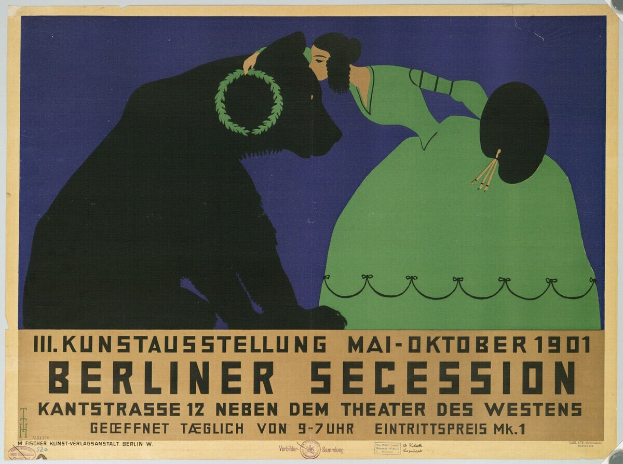 Ein Plakat für die Berliner Secession, das eine Frau in einem grünen Kleid und einen Mann in einem schwarzen Anzug zeigt, mit Text, der das Ereignis beschreibt.