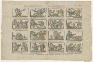 Schwarze-Weiß-Illustration eines Mannes mit Hut und einer Frau in einem Kleid, die in eine hitzige Diskussion vertieft sind, umgeben von Text und anderen kleinen Bildern auf einer Buchseite.