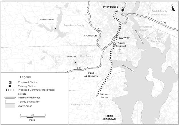 Eine Schwarz-Weiß-Karte einer Stadt mit einem Fluss, auf der links "Vorgeschlagenes Nahverkehrsbahnprojekt" steht, zeigt Straßen, Highways und andere Stadtmerkmale.
