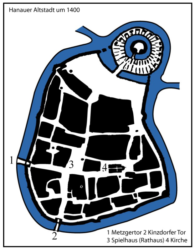 Eine detaillierte Stadtplan-Karte von Hanau, Deutschland, in Blau und Weiß, die Text, Zahlen und Stadtlayout zeigt.