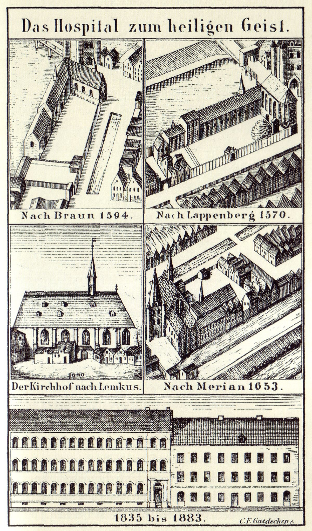 Ein detailliertes Bild eines deutschen Krankenhauses auf einem Plakat, das Gebäude mit Fenstern, Türen und Balkonen zeigt, begleitet von erklärendem Text.