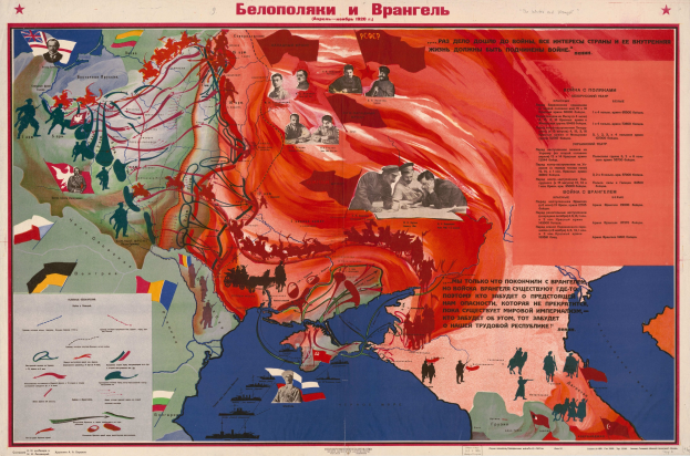 Plakat, das das territoriale Ausmaß des sowjetischen Reichs mit dem des russischen Reichs vergleicht, mit Bildern und Texten über den Krieg annotiert.