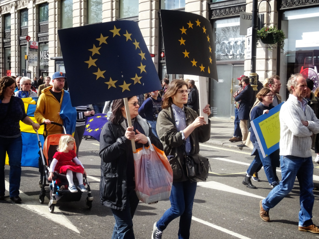 Eine Gruppe von Menschen geht die Straße entlang, einige halten Fahnen und Schilder, mit einem Baby im Kinderwagen und Gebäuden, Schildern und Topfpflanzen im Hintergrund.