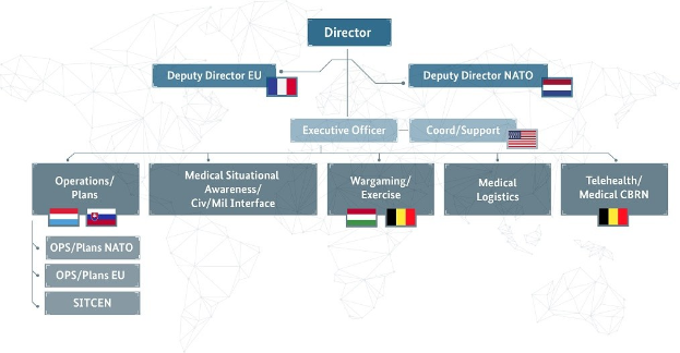 Diagramm der organisationalen Struktur der Europäischen Union mit Flaggen der Mitgliedsländer und beschrifteten Abteilungen mit ihren Rollen.