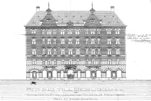 Schwarze und weiße detaillierte Zeichnung des Ritz-Carlton Hotels in Hamburg, Deutschland, mit einem Gebäude mit vielen Fenstern und sichtbarem Text.