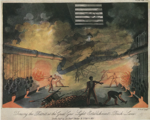 Ein Plakat mit einer Painting, das eine Gruppe von Menschen vor einem Feuer zeigt, mit Rohren, Feuer, Rauch und einer Lampe im Hintergrund und einem Text unten, der lautet: "Zeichnung des Aufruhrs bei der Großen Gaslaternen-Etablissement, Brick Lane".