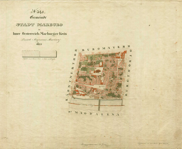Detailierte alte Stadtplan von Marburg mit Straßen, Gebäuden, Landmarken und Text mit zusätzlicher Stadtinformation.