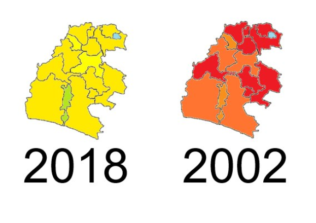 Karte von Deutschland, die die Provinzgrenzen von 2002 in rot und 2018 in gelb hervorhebt, mit orangefarbenen Bereichen, die sich überschneiden, auf einem weißen Hintergrund mit Text.