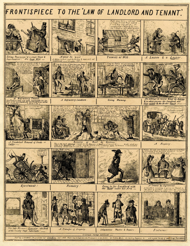 Cartoonartige Illustrationen von Menschen, Gebäuden und Gegenständen begleiten fett gedruckten Text auf einem Papier, das das Titelblatt des Mietrechts darstellt, eingerahmt von dekorativen Bordüren.