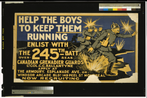 Schwarzes Plakat mit weißer Schrift "Hilf den Jungs, damit sie weiterlaufen" mit einer Gruppe von Menschen in Uniformen, die laufen.