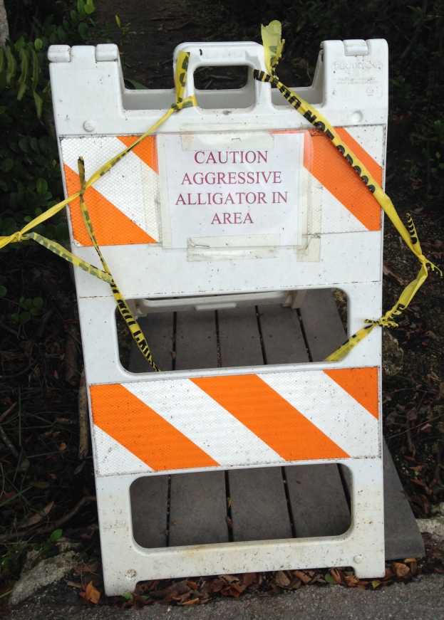 Vorsichtsschild mit Absperrband an der Seite einer Straße, Pflanzen sichtbar im Hintergrund.