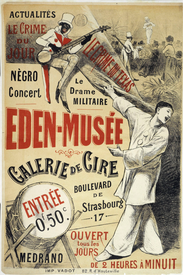 Ein Plakat wirbt für das Eden-Musee Galerie de Cire in Straßburg, Frankreich, das eine Person zeigt, die ein Musikinstrument spielt, umgeben von anderen Musikern, die verschiedene Instrumente spielen, mit Text, der wahrscheinlich Informationen über das Ereignis enthält.