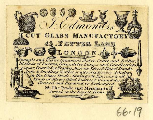 Anzeige für eine Glasfabrik in London, England, mit Text und Bildern von Glaswaren und Manufacturing-Artikeln.