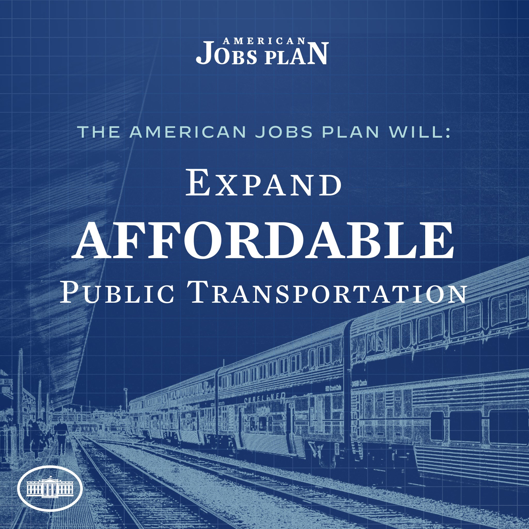 Plakat mit einem Zug auf einem Bahngleis mit einigen Menschen in der Nähe, das "The American Jobs Plan Will Expand Affordable Public Transportation" bewirbt.