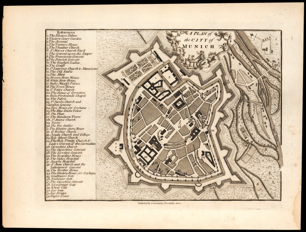 Ein altes Stadtplan von München, Deutschland, auf einem schwarzen Hintergrund, das Straßen, Gebäude und Sehenswürdigkeiten mit beschriftetem Text zeigt.