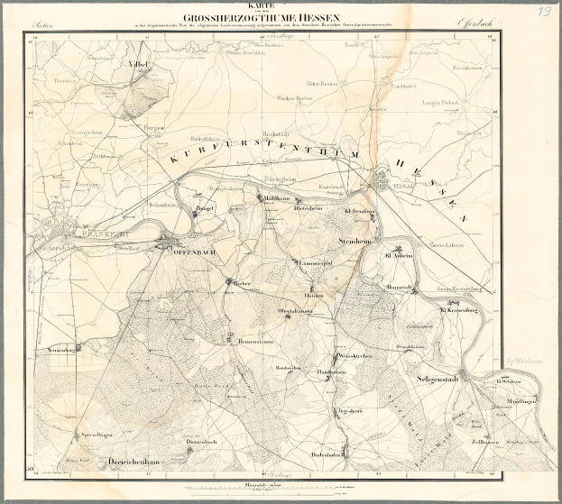 Alte Karte von Hessen, Deutschland, in einem Photo-Rahmen mit schwarzen Rändern und Text.