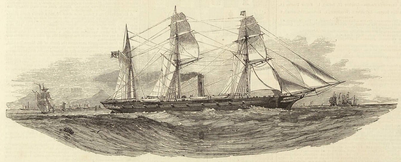 Gravur eines detaillierten Segelschiffs mit geblähten Segeln und sonnenbeschienener Hülle, das im Meer segelt, mit anderen Schiffen im Hintergrund und Text unten.