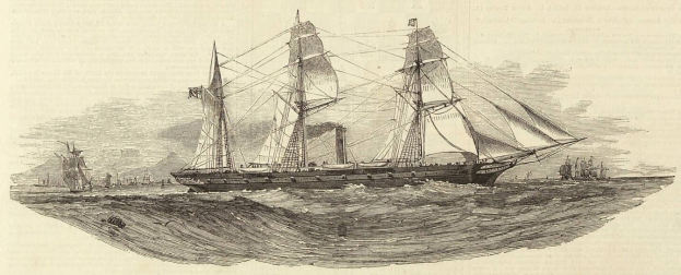 Gravur eines detaillierten Segelschiffs mit geblähten Segeln und sonnenbeschienener Hülle, das im Meer segelt, mit anderen Schiffen im Hintergrund und Text unten.