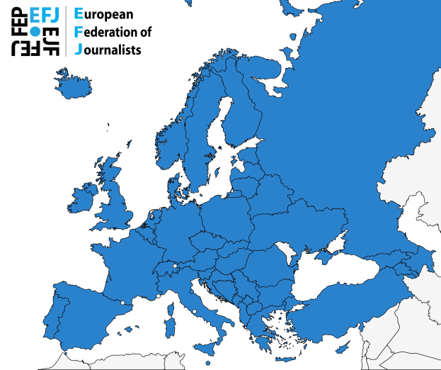 Eine Europakarte, auf der die Europäische Journalisten-Föderation (EFJ) in blau hervorgehoben ist, mit zusätzlichen Textdetails.