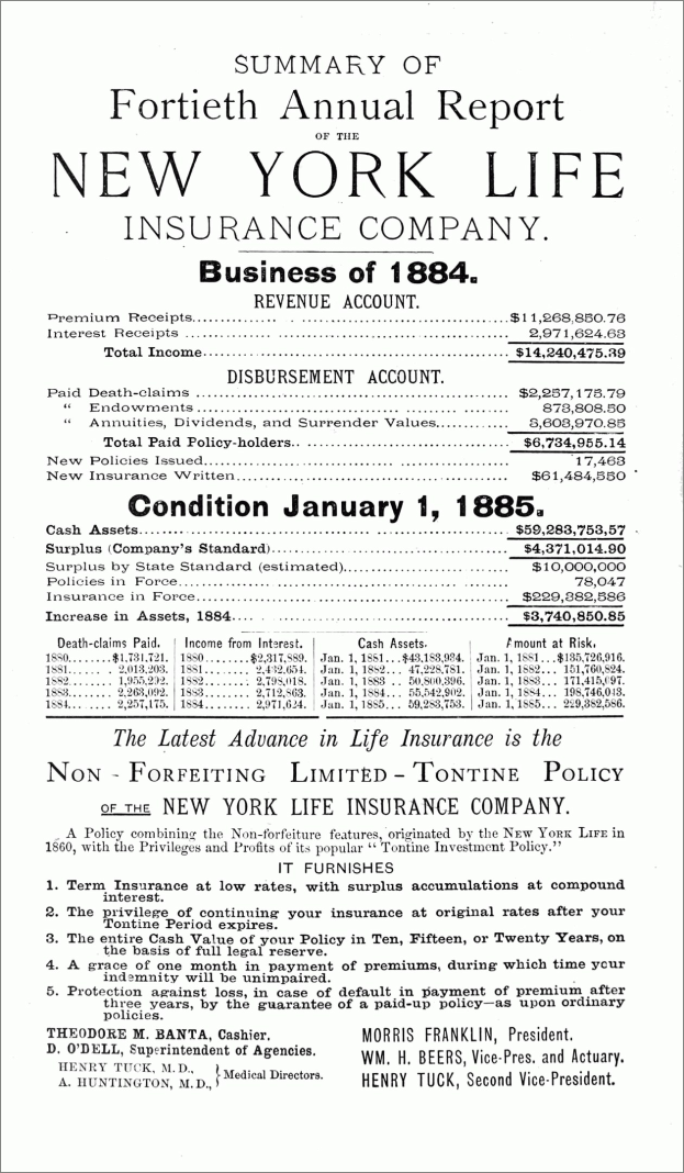 Schwarz-weißes Papier mit Text "New York Life Insurance Company, Geschäft 1884", das den Jahresbericht 1884 der Gesellschaft zusammenfasst.