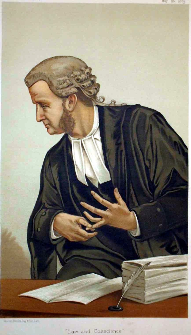 Ein Mann in einer schwarzen Robe sitzt an einem Tisch mit Büchern und einer Feder-Schreibfeder, mit Text unten, der "Recht und Gewissen der Vereinigten Staaten" liest.