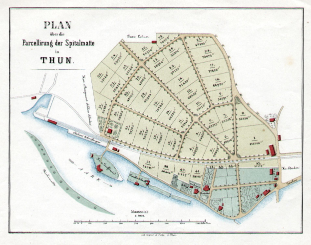 Detailierte alte Karte von Thun, Deutschland, zeigt Straßen, Gebäude und Sehenswürdigkeiten mit begleitendem Text.