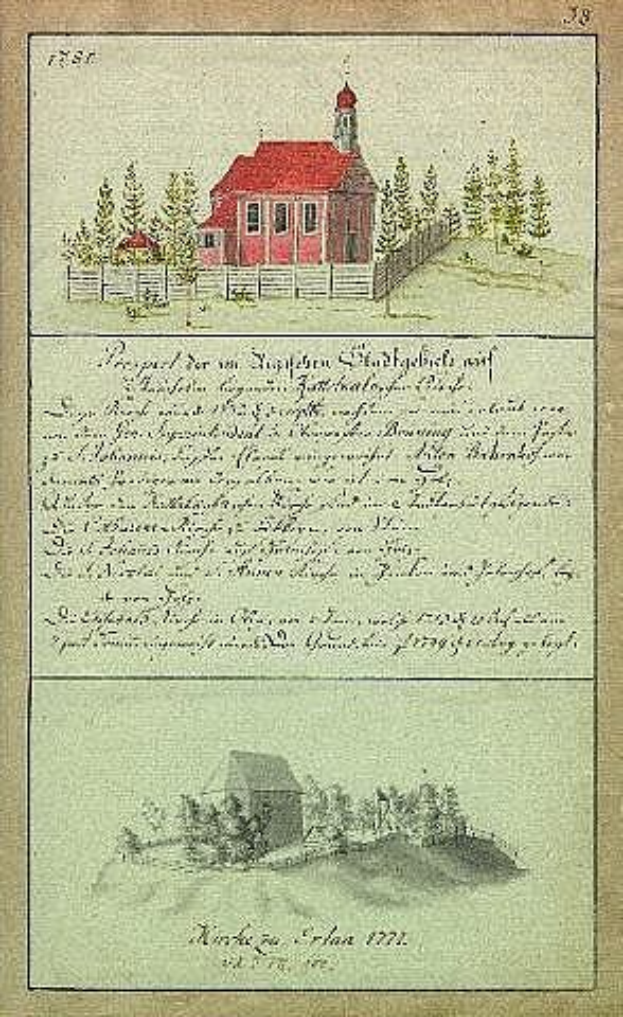 Ein altes Buch mit einer Illustration eines roten Hauses in der Mitte, umgeben von Bäumen und einem Zaun, betitelt 'Deutsche Schule in den Niederlanden, 1777'.