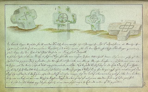 Altes deutsches Familienbriefpapier aus dem Jahr 1823 mit gelbem Papier, das eine saubere Kursive Schrift und drei kunstvoll gezeichnete keltische Kreuze enthält.