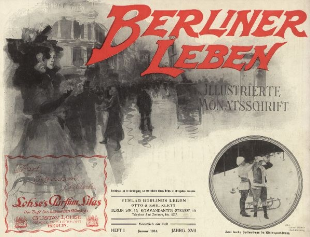 Altes Buch mit dem Titel "Berliner Leben" und einem Foto von Menschen in traditioneller deutscher Kleidung auf dem Cover und Text, der seinen Inhalt beschreibt.