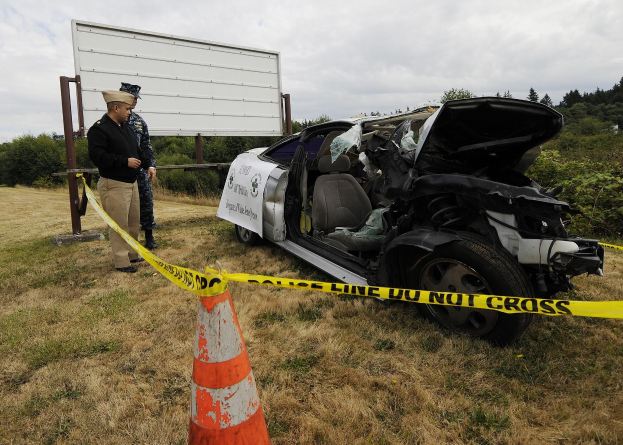 Polizeibeamter in Uniform inspiziert ein schwer beschädigtes Auto mit eingedellter Haube und zersplitterten Fenstern am Straßenrand, mit einem Verkehrskegel und Band in der Nähe vor einem Hintergrund aus Bäumen und einem bewölkten Himmel.