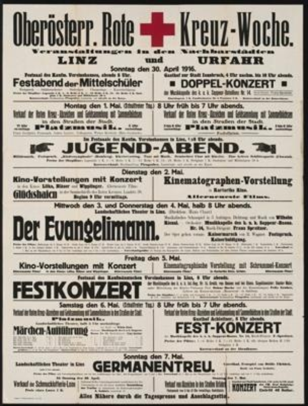 Schwarz-weißes deutsches Zeitungsinserat für das Deutsche Rote Kreuz vom 30. April 1916 mit Text und Pluszeichen.