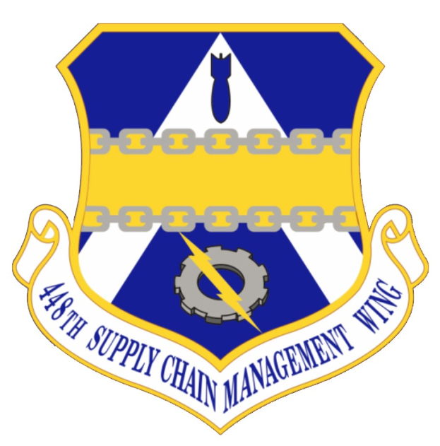 Logo der 48. Versorgungsmanagementstaffel mit einem blauen Schild mit einem weißen Stern, einem weißen Banner mit blauer Schrift, die 'Versorgungsmanagement' liest, und schwarzer Schrift '48. Versorgungsmanagementstaffel' in fetter Schrift.