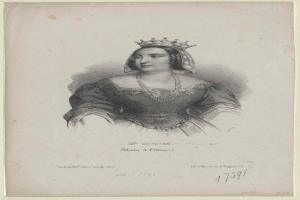 Porträt der Queen Elizabeth I. in königlicher Kleidung, einschließlich einer Krone und eines prächtigen Kleides, mit Text unten.