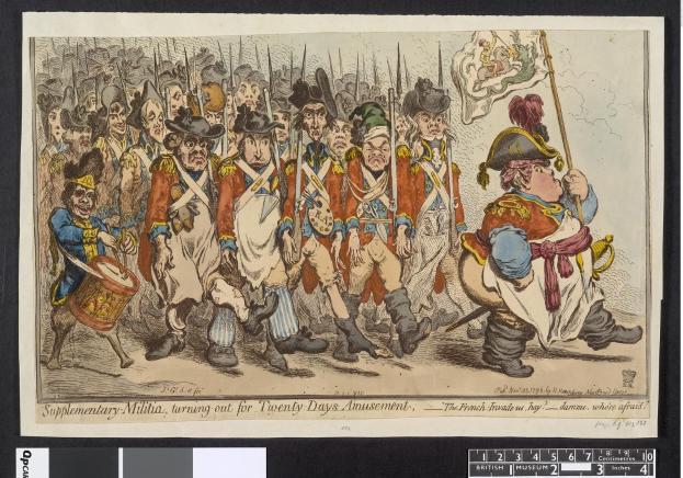 Eine Gruppe von Männern in Militäruniformen marschiert die Straße entlang, einer hält einen Stock in der Hand, mit Text unten: "Zusätzliche Miliz, für zwanzig Tage Vergnügen herausgekommen."