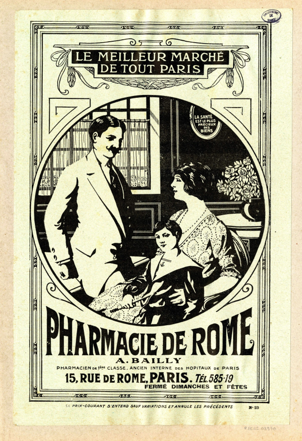 Schwarz-weiß-Anzeige für eine Apotheke in Rom mit einem Mann und einer Frau, die nebeneinander stehen, mit Text, der die Apotheke und ihre Dienstleistungen beschreibt.