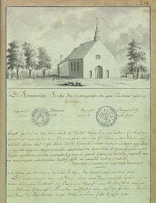 Altes Dokument mit der Überschrift "St. Erasmus Kirche" und einer Kirchenzeichnung im Hintergrund, unterzeichnet von der deutschen Regierung, umgeben von Bäumen und Himmel.