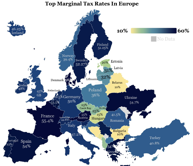 Eine Europa-Karte mit Farben, die die Spitzensteuersätze in jedem Land anzeigen, mit der Überschrift "Spitzensteuersätze in Europa".