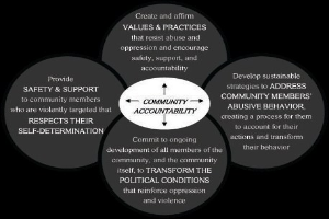 Ein Diagramm mit der Bezeichnung "Verantwortung in der Gemeinschaft" mit drei miteinander verbundenen Kreisen um den zentralen Text, alles in fetter Schrift mit leuchtenden, kräftigen Farben.