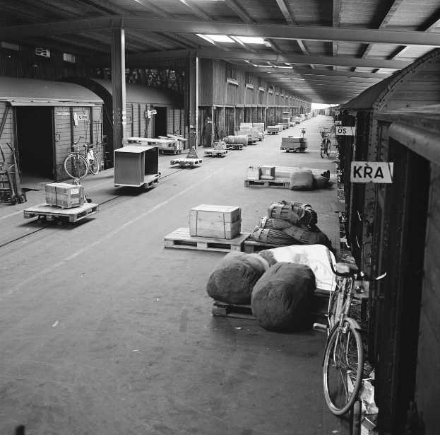 Ein Schwarz-Weiß-Foto eines Bahnhofs mit einem Fahrrad auf der rechten Seite der Straße geparkt, mehrere Fahrräder, Kartons und andere Gegenstände verstreut und an der Decke angebrachte Lampen.