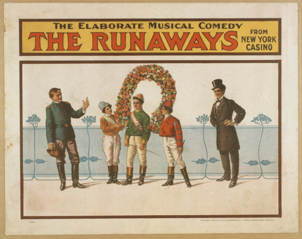 Plakat für "The Elaborate Musical Comedy Runaways" aus dem New Yorker Casino, das eine Gruppe von Menschen in einer Reihe zeigt, wobei einer einen Blumenstrauß hält, und Text, der die Komödie beschreibt.