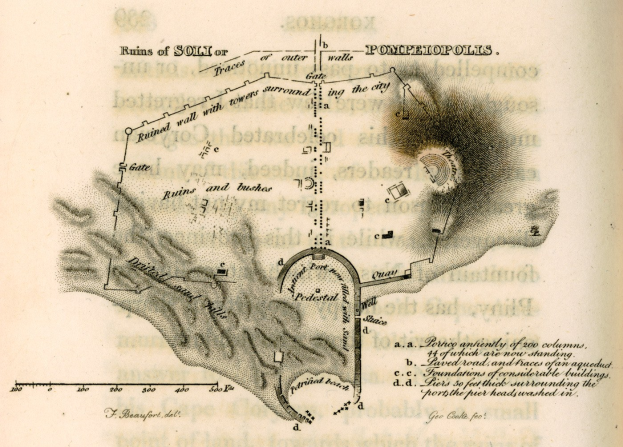 Altes Buch mit detaillierter Stadtkarte auf dem Cover, begleitet von Text, der die Geschichte, Kultur und Sehenswürdigkeiten der Stadt beschreibt.