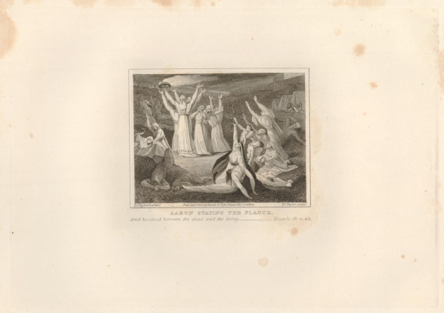 Schwarze und weiße Radierung mit dem Titel "Aaron Staying the Plague", die verzweifelte Menschen in einem Feld unter einer untergehenden Sonne zeigt.