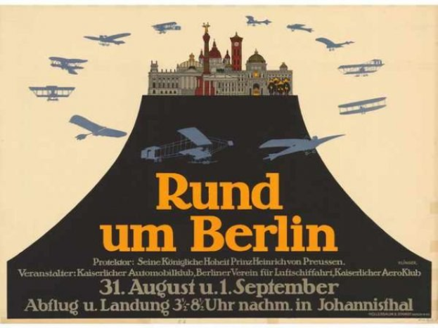 Plakat für eine Berliner Luftschau mit der Aufschrift "Rund um Berlin", das Flugzeuge im Hintergrund zeigt.