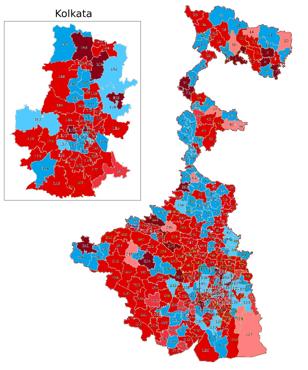 Farbcodierte Karte von Kolkata, Indien, die die Bevölkerungsverteilung in Prozenten zeigt, mit der Überschrift "Kolkata-Wahlergebnisse".